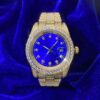 Moissanite Presidential Watch | Blue Face | 41MM | 13.3CT Iced Out | 14K Yellow Gold