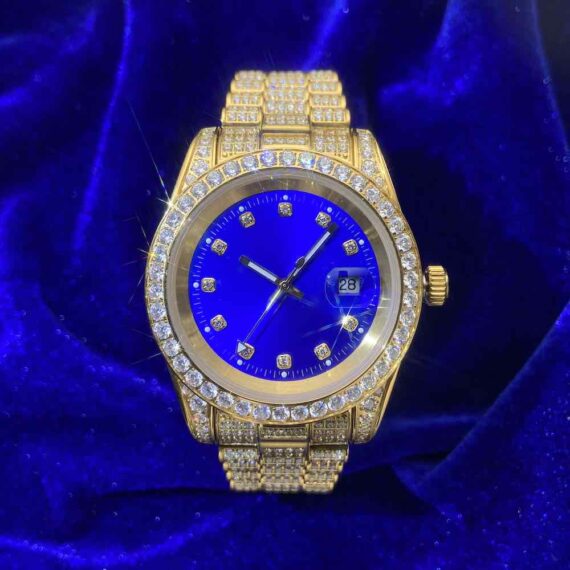Moissanite Presidential Watch | Blue Face | 41MM | 13.3CT Iced Out | 14K Yellow Gold
