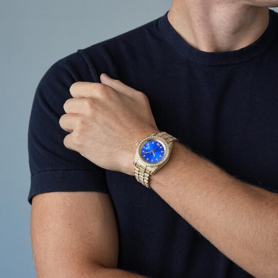 Moissanite Presidential Watch | Blue Face | 41MM | 13.3CT Iced Out | 14K Yellow Gold