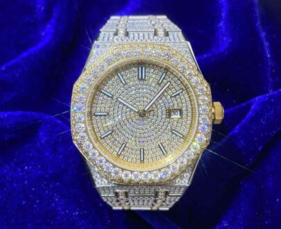 moissanite-bust-down-watch-14k-yellow-gold-front Bust Down Moissanite Watch | 44MM | 14K Yellow Gold | Iced Out