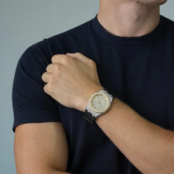 Moissanite Iced Out Silicone Band Watch | 13.5CT | 14K Yellow Gold