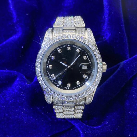 Moissanite Presidential Watch | Black Face | 41MM | 13.3CT Iced Out | 14K White Gold