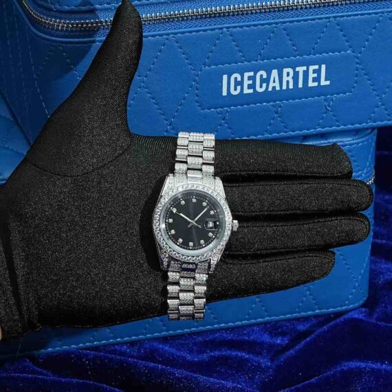 Moissanite Presidential Watch | Black Face | 41MM | 13.3CT Iced Out | 14K White Gold