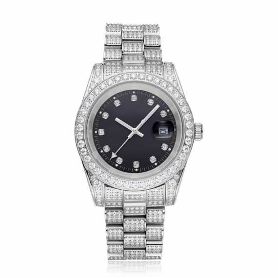 Moissanite Presidential Watch | Black Face | 41MM | 13.3CT Iced Out | 14K White Gold