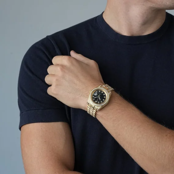 Moissanite Presidential Watch | Black Face | 41MM | 13.3CT Iced Out | 14K Yellow Gold