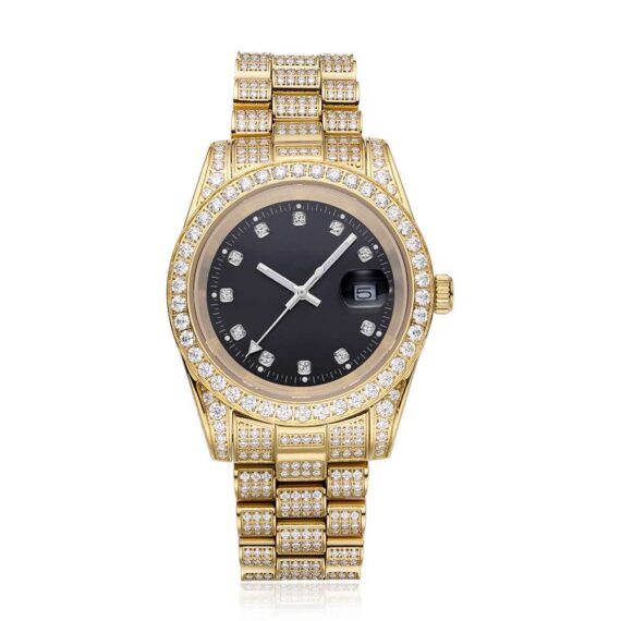 Moissanite Presidential Watch | Black Face | 41MM | 13.3CT Iced Out | 14K Yellow Gold