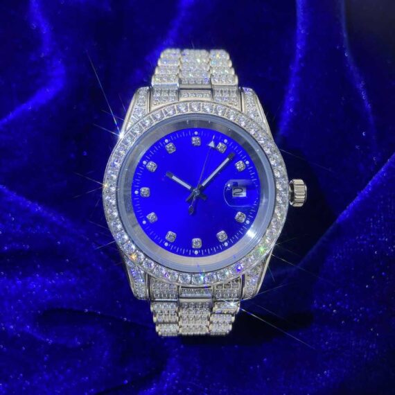 moissanite-presidential-watch-blue-face-14k-gold Moissanite Presidential Watch | Blue Face | 41MM | 13.3CT Iced Out | 14K White Gold