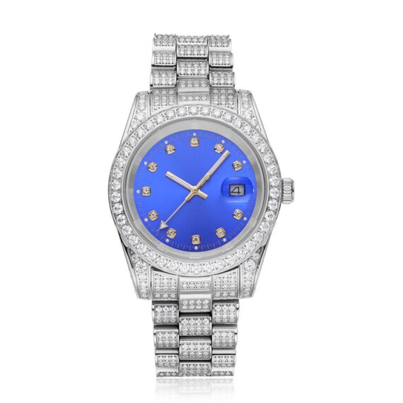 moissanite-presidential-watch-blue-face-14k-gold-white-background Moissanite Presidential Watch | Blue Face | 41MM | 13.3CT Iced Out | 14K White Gold