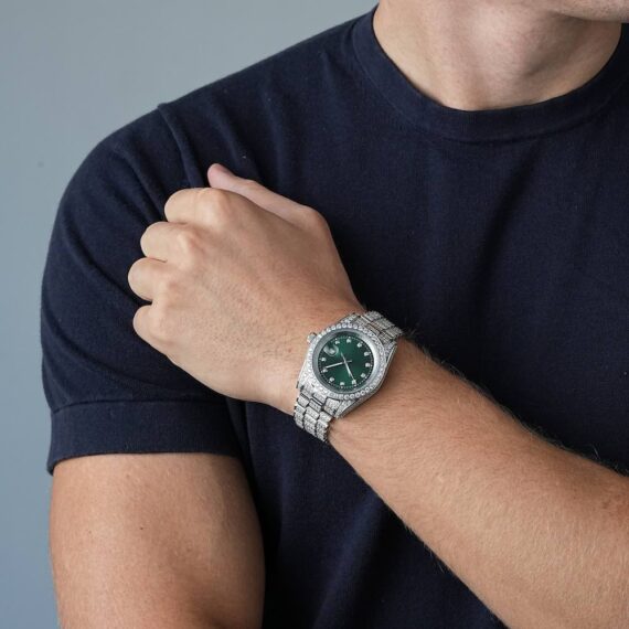 Moissanite Presidential Watch | Green Face | 41MM | 13.3CT Iced Out | 14K White Gold