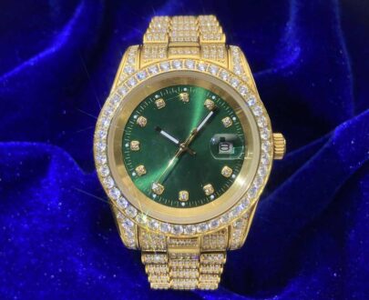 Moissanite Presidential Watch | Green Face | 41MM | 13.3CT Iced Out | 14K Yellow Gold