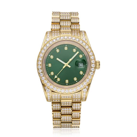 Moissanite Presidential Watch | Green Face | 41MM | 13.3CT Iced Out | 14K Yellow Gold