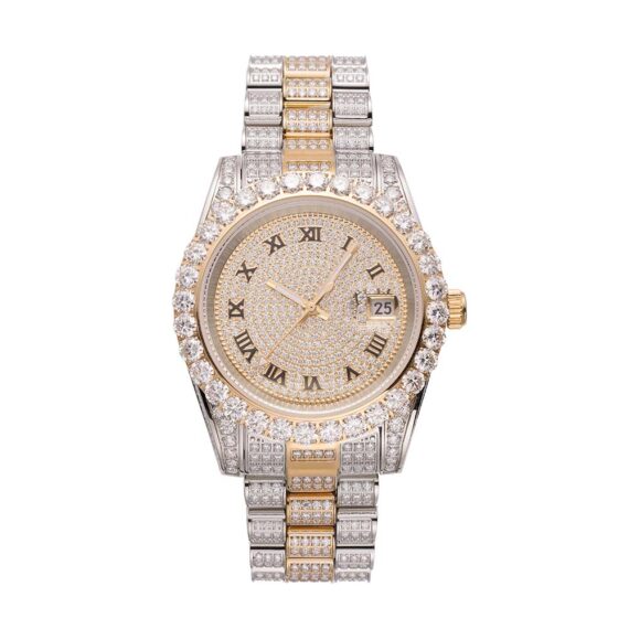 Moissanite Presidential Watch | 41MM | Roman Numeral Dial | 18.3CT Iced Out | 14K White and Yellow Gold Two Tone