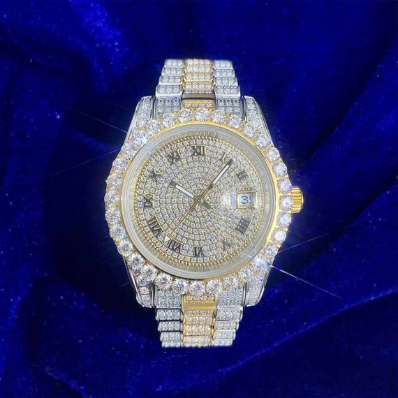 Moissanite Presidential Watch | 41MM | Roman Numeral Dial | 18.3CT Iced Out | 14K White and Yellow Gold Two Tone