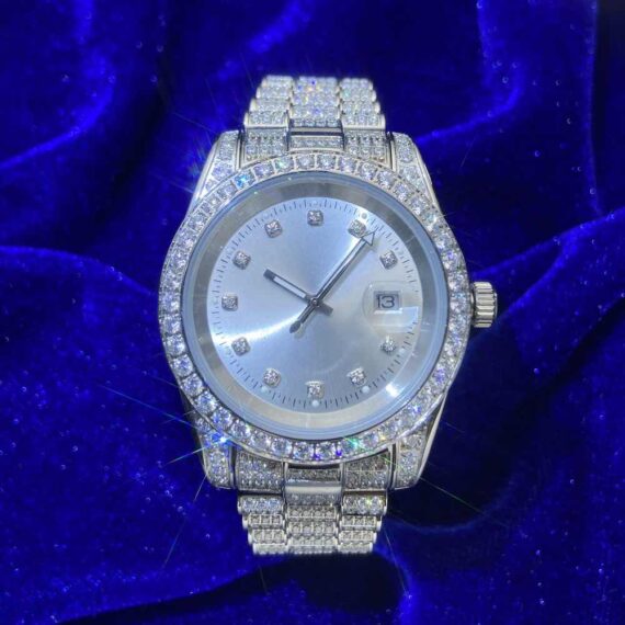 moissanite-presidential-watch-white-face-14k-gold-front Moissanite Presidential Watch | White Face | 41MM | 13.3CT Iced Out | 14K White Gold