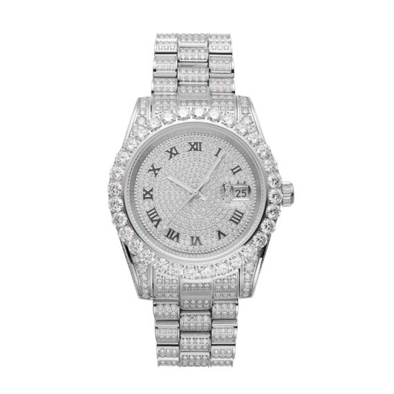 Moissanite Presidential Watch | 41MM | Roman Numeral Dial | 18.3CT Iced Out | 14K White Gold