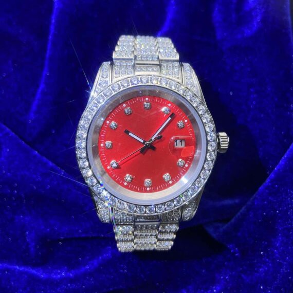 moissanite-red-face-presidential-watch-white-gold Moissanite Presidential Watch | Red Face | 41MM | 13.3CT Iced Out | 14K White Gold