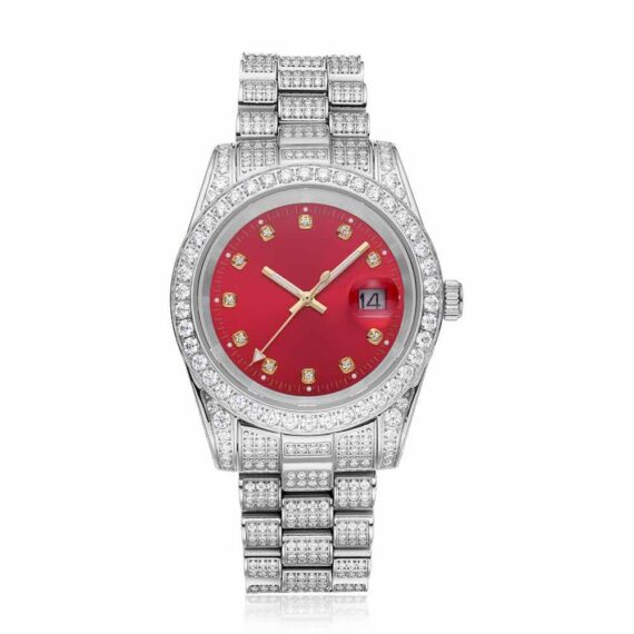 moissanite-red-face-presidential-watch-white-gold-background Moissanite Presidential Watch | Red Face | 41MM | 13.3CT Iced Out | 14K White Gold