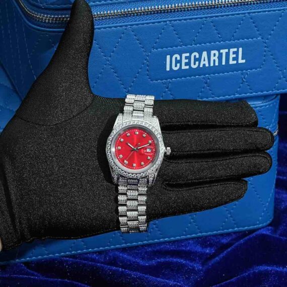 moissanite-red-face-presidential-watch-white-gold-hand Moissanite Presidential Watch | Red Face | 41MM | 13.3CT Iced Out | 14K White Gold