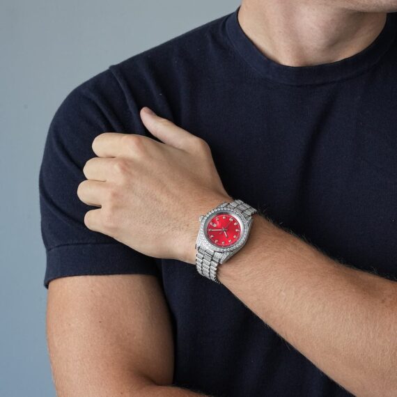 moissanite-red-face-presidential-watch-white-gold-model Moissanite Presidential Watch | Red Face | 41MM | 13.3CT Iced Out | 14K White Gold