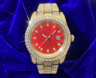 Moissanite Presidential Watch | Red Face | 41MM | 13.3CT Iced Out | 14K Yellow Gold