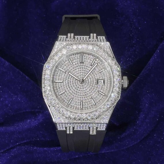 Moissanite Iced Out Silicone Band Watch | 13.5CT | 14K White Gold