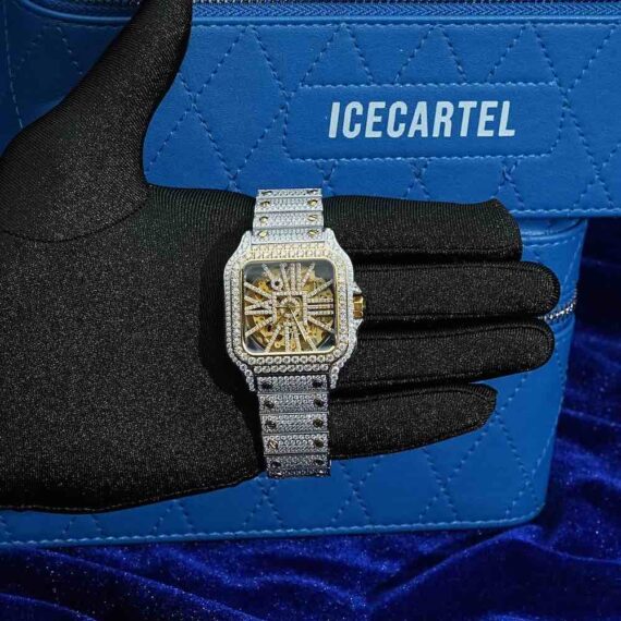 moissanite-skeleton-watch-14k-yellow-gold-hand Moissanite Skeleton Watch | 42MM | 14K Yellow Gold | 14.1CT Bust Down