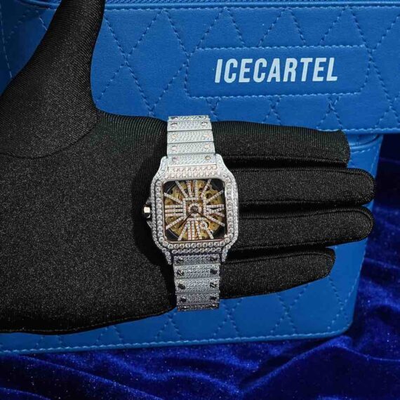 moissanite-skeleton-watch-hand Moissanite Skeleton Watch | 42MM | 14K Rose Gold | 14.1CT Bust Down