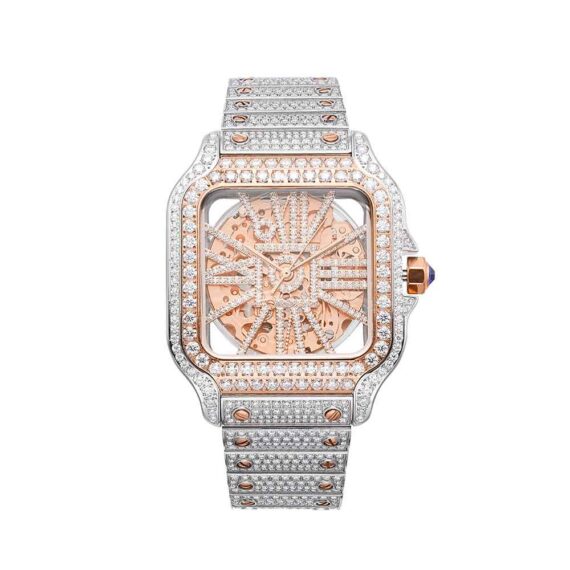 moissanite-skeleton-watch-white-background Moissanite Skeleton Watch | 42MM | 14K Rose Gold | 14.1CT Bust Down