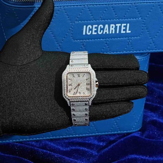 vvs-moissanite-watch-14k-rose-gold-hand Men's VVS Moissanite Watch | 42MM | 16CT Bust Down | 14K Rose Gold